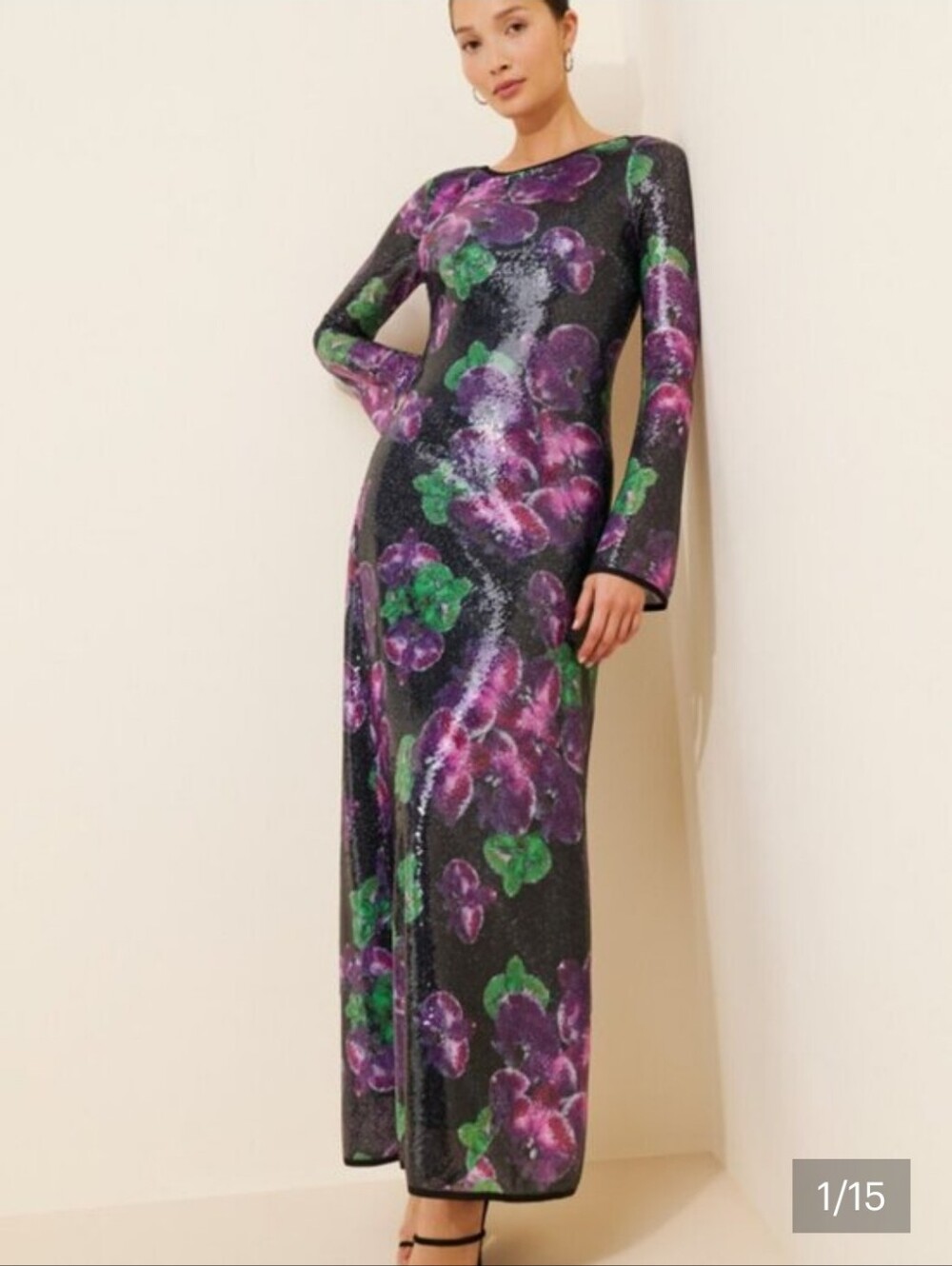 The Wolf Gang Lenee Long Sleeve Floral Sequin Maxi Dress in Black and Purple - Picture 1 of 13